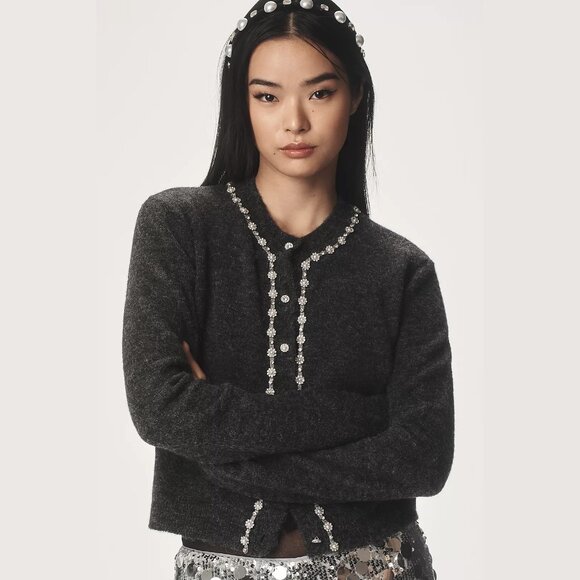 NEW Size XL Maeve Embellished Crew-Neck Cardigan Sweater - Grey - Picture 3 of 4